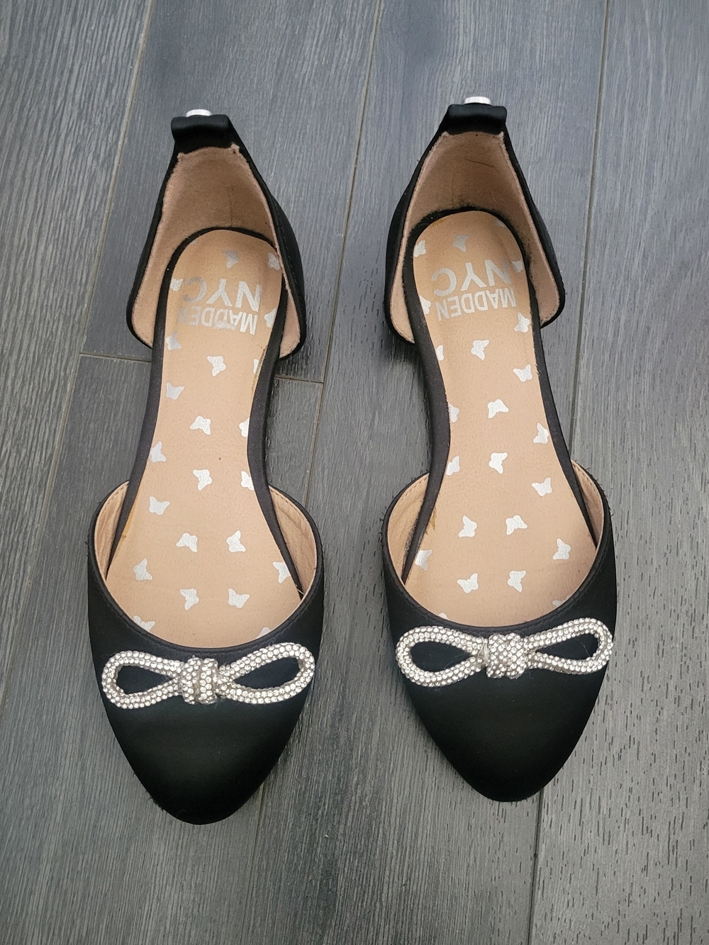 EUC Madden NYC D'Orsay Ballet Flats Sz Girls 13 Black Rhinestone Party Glam - Picture 2 of 10
